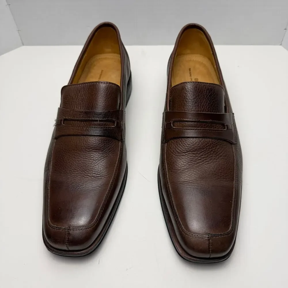 Sandro Moscoloni Brown Pebbled Leather Penny Loafers Mens 11D Square‎ Toe Office